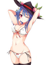 Rule 34 | 1girl, ;), alternate costume, armpits, arms up, bikini, black thighhighs, blue hair, bow, bow bikini, breasts, cleavage, flower, food, front-tie top, fruit, hair flower, hair ornament, hairclip, hat, hinanawi tenshi, large breasts, leaf, long hair, looking at viewer, navel, one eye closed, peach, red eyes, side-tie bikini bottom, simple background, smile, solo, swimsuit, tetsurou (fe+), thighhighs, touhou, white background, white bikini