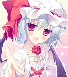 Rule 34 | 1girl, :d, bad id, bad pixiv id, bat wings, blue hair, blush, bow, dress, fang, flower, hat, hat bow, looking at viewer, mob cap, motomiya mitsuki, open mouth, outstretched arm, outstretched hand, pink eyes, red flower, red rose, remilia scarlet, ribbon-trimmed headwear, ribbon trim, rose, smile, solo, touhou, upper body, white dress, wings
