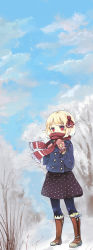 Rule 34 | 1girl, alternate costume, black pantyhose, blonde hair, blue sky, boots, cloud, covered mouth, day, hair ribbon, highres, jacket, mittens, murani, pantyhose, red eyes, ribbon, rumia, scarf, scarf over mouth, skirt, sky, snow, snowing, solo, touhou, tree