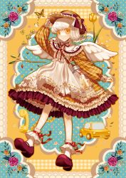 Rule 34 | 1girl, :o, absurdres, acorn, angel wings, ankle ribbon, apron, aqua background, bag, bobby socks, bottle, bow, box, branch, bug, butterfly, candy, capelet, car, choppy bangs, clover, corded phone, diamond-shaped pupils, diamond (shape), dress, flipped hair, flower, food, four-leaf clover, frilled capelet, frilled dress, frilled hat, frilled shirt collar, frilled socks, frills, full body, hand on headwear, hat, hat bow, highres, insect, leg ribbon, long sleeves, looking at viewer, mary janes, medium hair, motor vehicle, neck ribbon, nekohai darake, original, phone, pink flower, pink rose, plaid, plaid dress, polka dot, polka dot background, puffy long sleeves, puffy sleeves, purple flower, red bow, red footwear, red ribbon, ribbon, rose, shoes, shoulder bag, socks, solo, straw hat, symbol-shaped pupils, tulip, white apron, white capelet, white flower, white hair, white socks, white wings, wings, yellow background, yellow butterfly, yellow dress, yellow eyes, yellow flower, yellow rose, yellow theme, yellow tulip