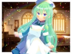 Rule 34 | 1girl, apron, bed, blue eyes, blue flower, blurry, blurry background, blush, bow, braid, closed mouth, collared dress, commentary request, commission, depth of field, dress, flower, green dress, green hair, hair between eyes, hair bow, hat, kou hiyoyo, lens flare, long hair, long sleeves, looking at viewer, nurse, nurse cap, original, pink bow, skeb commission, solo, sunlight, sunset, twin braids, very long hair, white apron, window