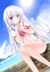 Rule 34 | 1girl, absurdres, asahina yori, bikini, bikini under clothes, blouse, blue eyes, blue sky, blush, braid, closed mouth, cloud, cloudy sky, commentary, day, dutch angle, flying sweatdrops, frilled bikini, frills, front-tie bikini top, front-tie top, hands on own chest, highres, legs, light frown, long hair, looking at viewer, naruse shiroha, navel, no pants, ocean, open clothes, open shirt, outdoors, red bikini, sailor collar, shirt, silver hair, sitting, sky, solo, summer pockets, sun, swimsuit, swimsuit under clothes, waves, white sailor collar, white shirt