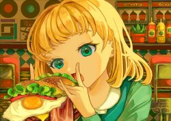 Rule 34 | 1girl, absurdres, bacon, blonde hair, burger, cheese, diner, eating, food, fried egg, green eyes, green shirt, highres, holding, holding burger, holding food, indoors, kagenoyuhi, lettuce, long sleeves, looking at viewer, medium hair, open mouth, original, shirt, solo, upper body