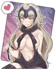 Rule 34 | 1girl, :p, alternate costume, bad id, bad pixiv id, bare shoulders, black thighhighs, blush, breasts, dress, fate/grand order, fate (series), g.t, halterneck, headpiece, heart, highres, jeanne d&#039;arc (fate), jeanne d&#039;arc alter (avenger) (fate), jeanne d&#039;arc alter (fate), large breasts, long hair, looking at viewer, meme attire, naked sweater, smile, solo, spoken heart, sweater, sweater dress, thighhighs, tongue, tongue out, turtleneck, turtleneck sweater, virgin killer sweater, wardrobe error, yellow eyes, you&#039;re doing it wrong