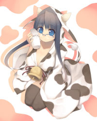 Rule 34 | 1girl, animal ears, animal print, bad id, bad pixiv id, bell, blue eyes, breasts, cleavage, cow ears, cow print, cow tail, glasses, highres, hood, horns, kashiwamochi yomogi, large breasts, long hair, milk, solo, tail, thighhighs