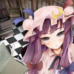 Rule 34 | 1girl, ako (clover01), black eyes, blush, book, bookshelf, checkered floor, crescent, crescent moon, fang, female focus, floor, hair ribbon, hat, long hair, looking at viewer, moon, patchouli knowledge, perspective, purple hair, ribbon, solo, touhou, tsurime, upper body