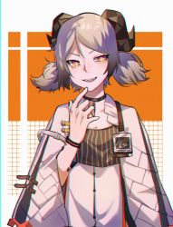 1girl, arknights, belt buckle, black choker, blonde hair, buckle, choker, eyebrows behind hair, fangs, feathers, film grain, finger to own chin, highres, horns, ifrit (arknights), kiliko-san, open mouth, orange eyes, originium (arknights), short twintails, smile, solo, twintails