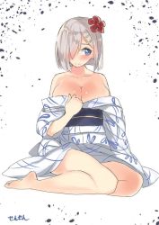 Rule 34 | 10s, 1girl, alternate costume, artist name, bare shoulders, barefoot, blue eyes, blush, breasts, commentary request, female focus, flower, flower on head, full body, hair flower, hair ornament, hair over one eye, hairclip, hamakaze (kancolle), japanese clothes, kantai collection, kimono, large breasts, looking to the side, open clothes, sensen, short hair, silver hair, simple background, sitting, solo, white background, yokozuwari, yukata