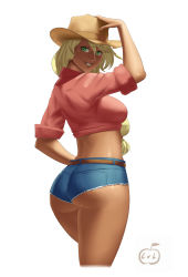Rule 34 | 1girl, applejack, ass, blonde hair, blue eyes, blue shorts, blush, breasts, commentary, cowboy hat, cropped legs, dark-skinned female, dark skin, denim, denim shorts, english commentary, green eyes, hat, highres, large breasts, long hair, looking at viewer, lvl (sentrythe2310), my little pony, my little pony: friendship is magic, personification, short shorts, shorts, smile, solo, tan