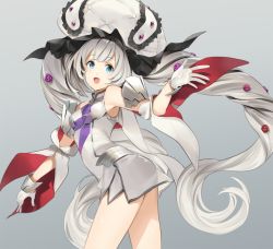 Rule 34 | 1girl, :d, arched back, blue eyes, cowboy shot, curly hair, dress, fate/grand order, fate (series), from side, gloves, grey background, grey dress, grey gloves, grey hair, hand up, hat, long hair, looking at viewer, marie antoinette (fate), open mouth, parsley-f, short dress, simple background, smile, solo, tareme, thighs, twintails, very long hair, waving, white hat