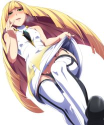 Rule 34 | 10s, 1girl, bare shoulders, black panties, blonde hair, blurry, clothes lift, covered erect nipples, creatures (company), depth of field, dress, game freak, green eyes, hair over one eye, highres, lifting own clothes, long hair, looking at viewer, looking down, lusamine (pokemon), magukappu, navel, nintendo, panties, pantyshot, pokemon, pokemon sm, revision, skirt, skirt lift, smile, solo, thighhighs, underwear, upskirt, white thighhighs