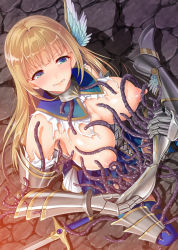 Rule 34 | 1girl, armor, armored boots, armored dress, armpit peek, armpits, bare shoulders, biosuit, blonde hair, blue dress, blue eyes, blue thighhighs, blunt bangs, blush, boots, breastplate, breasts, clenched teeth, commentary request, detached collar, dress, from above, frown, furrowed brow, gauntlets, greaves, highres, knight, large breasts, living clothes, long hair, looking down, nipple stimulation, nipple tweak, nipples, on ground, original, puffy nipples, shadow, shiny skin, sidelocks, sitting, solo, stone floor, straight hair, struggling, sword, tearing up, tears, teeth, tentacle clothes, tentacles, thighhighs, torn clothes, torn dress, weapon, winged hair ornament, youshuu