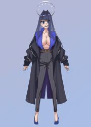 Rule 34 | 1girl, alternate hair length, alternate hairstyle, belt, blue background, blue eyes, blue hair, breasts, cleavage, full body, gradient background, halo, high heels, highres, hololive, hololive english, large breasts, long hair, looking at viewer, no bra, open clothes, open mouth, ouro kronii, simple background, smile, solo, standing, teeth, virtual youtuber, zedd (zedgawr)