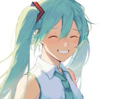 Rule 34 | 1girl, aqua hair, aqua necktie, arms at sides, backlighting, bare shoulders, blurry, blurry background, blurry foreground, clenched teeth, close-up, closed eyes, collared shirt, depth of field, dot nose, facing viewer, floating hair, grin, hair between eyes, happy, hatsune miku, konomi (kumagai20), light, light blush, light particles, long hair, necktie, shirt, shoulder tattoo, sidelocks, simple background, sleeveless, sleeveless shirt, smile, solo, tareme, tattoo, teeth, twintails, upper body, vocaloid, white background, white shirt