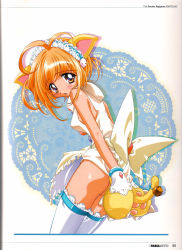 Rule 34 | absurdres, animal ears, animal hands, antenna hair, ass, bell, blonde hair, blush, bow, cat ears, cat tail, covering ass, covering privates, hairband, highres, looking back, no panties, open mouth, orange eyes, scan, solo, sugiyama genshou, tail, tail bell, tail ornament, thighhighs