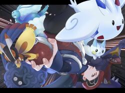 Rule 34 | 1boy, altaria, backpack, bag, black hair, closed mouth, commentary request, creatures (company), game freak, garchomp, gen 3 pokemon, gen 4 pokemon, grey eyes, hat, highres, holding, holding poke ball, jacket, letterboxed, long sleeves, looking at viewer, lucas (pokemon), male focus, mothim, nintendo, pachirisu, pants, poke ball, poke ball (basic), pokemon, pokemon (creature), pokemon dppt, pokemon platinum, red headwear, scarf, short hair, smile, tangrowth, togekiss, white scarf, xishi (jakuichi e)