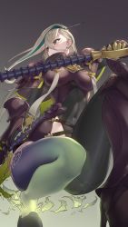 Rule 34 | 1girl, absurdres, armor, armored boots, asymmetrical clothes, bodysuit, boots, breastplate, breasts, covered navel, dual wielding, fate/grand order, fate (series), gauntlets, green hair, grey bodysuit, grey eyes, hair between eyes, hair ornament, hairpin, high collar, highleg, highres, holding, huyan zhuo (fate), huyan zhuo (second ascension) (fate), large breasts, long hair, looking to the side, multicolored hair, pauldrons, shoulder armor, single pantsleg, solo, somebody (leiking00), squatting, streaked hair, thighs, very long hair, weapon, white hair