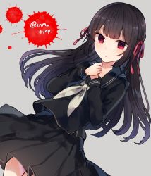 Rule 34 | 1girl, black hair, black sailor collar, black serafuku, black shirt, black skirt, commentary request, copyright request, dutch angle, grey background, hair ribbon, hands on own chest, hands up, highres, ikeuchi tanuma, long hair, long sleeves, looking at viewer, neckerchief, own hands together, parted lips, pleated skirt, red eyes, red ribbon, ribbon, sailor collar, school uniform, serafuku, shirt, simple background, skirt, solo, twitter username, very long hair, white neckerchief