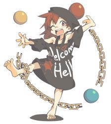 Rule 34 | 1girl, ;d, aged down, bad id, bad twitter id, bare shoulders, barefoot, chain, clothes writing, collar, earth (ornament), hat, hecatia lapislazuli, long hair, moon (ornament), one eye closed, open mouth, ori (yellow duckling), oversized clothes, oversized shirt, red eyes, red hair, shirt, smile, solo, t-shirt, touhou