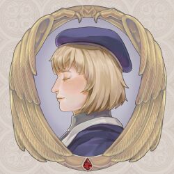 Rule 34 | 1girl, blonde hair, blue background, blue hat, blue jacket, bob cut, border, closed eyes, closed mouth, commentary, dungeon meshi, english commentary, facing ahead, falin touden, falin touden (tallman), feathered wings, from side, gem, grey background, hat, highres, jacket, jinaxxo, ornate border, portrait, profile, red gemstone, short hair, smile, solo, wings