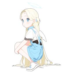 Rule 34 | 1girl, apron, azmira1534815, bare legs, blonde hair, blue apron, blue archive, blue eyes, bright pupils, child, forehead, from side, halo, highres, hugging own legs, legs together, long hair, looking at viewer, one side up, shirt, shoes, short sleeves, simple background, solo, sora (blue archive), squatting, straight hair, tiptoes, very long hair, white background, white footwear, white pupils, white shirt, wings