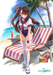 Rule 34 | 1girl, absurdres, ahoge, bag, beach, blue one-piece swimsuit, bottle, breasts, brown hair, chair, crop top, crop top overhang, day, full body, grin, hair between eyes, hand on own thigh, highres, leaning forward, lily bloomerchen, long hair, looking at viewer, lounge chair, medium breasts, neckerchief, ocean, official art, old school swimsuit, one-piece swimsuit, one side up, outdoors, palm tree, parted lips, rainmaker, red eyes, sailor collar, sailor shirt, school swimsuit, see-through, shirt, shoes, short sleeves, smile, solo, soulworker, standing, sunlight, swimsuit, table, thighhighs, thighs, tree, very long hair, white footwear, white shirt, white thighhighs, wristband