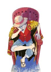 Rule 34 | 1boy, absurdres, black hair, commentary request, denim, hat, highres, jacket, jacket on shoulders, kojima takashi, looking at viewer, monkey d. luffy, one piece, pants, red shirt, sandals, scar, scar on face, shirt, short hair, simple background, sitting, smirk, solo, straw hat, throne, white background