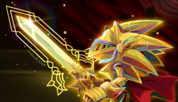 Rule 34 | 1boy, animal ears, armor, artist name, aura, breastplate, caliburn (sonic), cape, excalibur sonic, from side, furry, furry male, gauntlets, glowing armor, gold armor, hedgehog, hedgehog ears, helm, helmet, highres, holding, holding sword, holding weapon, knight, red cape, solo, sonic (series), sonic and the black knight, sonic the hedgehog, standing, survivalstep, sword, upper body, weapon