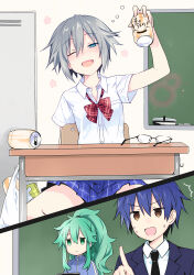 Rule 34 | 1boy, 2girls, absurdres, black necktie, blue eyes, blue hair, blue skirt, can, chalkboard, collared shirt, colorized, commentary request, date a live, drink can, drunk, glasses, green eyes, green hair, grey hair, highres, honjou nia, indoors, itsuka shidou, kurumi (user fayr3752), multiple girls, natsumi (date a live), neck ribbon, necktie, one eye closed, open mouth, pleated skirt, ponytail, red ribbon, ribbon, school uniform, shirt, short hair, skirt, smile, table, v-shaped eyebrows, white shirt