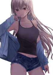 Rule 34 | 1girl, absurdres, backlighting, bare shoulders, blue shorts, breasts, collarbone, commentary request, contrapposto, cowboy shot, cutoffs, denim, denim shorts, finger to mouth, gluteal fold, hair between eyes, hand up, head tilt, highres, jacket, kyota07, light smile, long hair, looking at viewer, micro shorts, midriff, midriff peek, off shoulder, open clothes, open jacket, original, red eyes, short shorts, shorts, sidelocks, simple background, solo, standing, tank top, unzipped, white hair, zipper