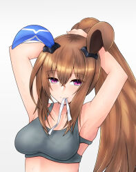 Rule 34 | 1girl, adjusting hair, admire vega (umamusume), alternate costume, animal ears, armpits, arms up, bare shoulders, blush, breasts, brown hair, cleavage, commentary request, ear covers, grey sports bra, highres, horse ears, horse girl, large breasts, long hair, m172/minatsu, mouth hold, ponytail, purple eyes, sidelocks, simple background, single ear cover, smile, solo, sports bra, umamusume, upper body, white background