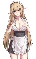Rule 34 | 1girl, apron, bare shoulders, black dress, blonde hair, blunt bangs, blush, breasts, cleavage, collarbone, dress, elf, elfenlied22, green eyes, highres, large breasts, long hair, looking to the side, maid, maid headdress, open mouth, original, pointy ears, simple background, thighs, tira (elfenlied22), white apron, white background