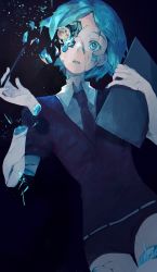 Rule 34 | 1other, 8root5, absurdres, amputee, androgynous, black background, black necktie, blue eyes, blue hair, blue nails, broken, broken neck, clipboard, commentary, cowboy shot, cracked skin, crystal hair, english commentary, full moon, gem uniform (houseki no kuni), highres, holding, holding pencil, houseki no kuni, looking at viewer, moon, nail polish, necktie, one-eyed, other focus, parted lips, pencil, phosphophyllite, severed hand, severed limb, shards, short hair, solo, sparkle, surprised, surreal, wide-eyed