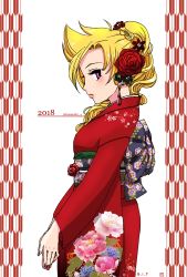 Rule 34 | 2018, alternate costume, artist name, blonde hair, blush, breasts, curly hair, flower, hair flower, hair ornament, high ponytail, japanese clothes, kimono, kusunoki 4, lipstick, long hair, looking at viewer, looking to the side, makeup, marty (mega man), medium breasts, mega man (series), mega man x (manga), mega man x (series), nail polish, obi, own hands together, ponytail, purple eyes, sash, solo, text focus, white background