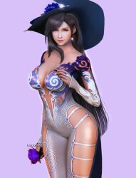 Rule 34 | 1girl, 3d, alternate costume, arm cutout, artist name, black hair, black nails, breasts, bridal gauntlets, choker, cleavage, closed mouth, clothing cutout, cowboy shot, crescent, crescent earrings, crescent moon, dress, earrings, final fantasy, final fantasy vii, final fantasy vii remake, flower, hat, highres, holding, holding flower, jewelry, large breasts, leg cutout, lips, long hair, long sleeves, moon, navel, purple flower, raidenwgt, red eyes, revealing clothes, simple background, single earring, single sidelock, solo, square enix, swept bangs, thighs, tifa lockhart, wide hips