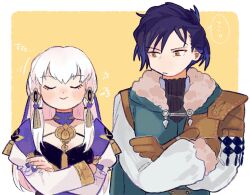 Rule 34 | 1boy, 1girl, blue hair, blush, crossed arms, felix hugo fraldarius, fire emblem, fire emblem: three houses, height difference, looking at another, lysithea von ordelia, nintendo, ohima17, simple background, smile, white hair, yellow eyes