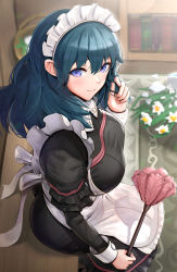 Rule 34 | 1girl, alternate costume, apron, ass, black dress, blue eyes, blue hair, blush, breasts, byleth (female) (fire emblem), byleth (fire emblem), commentary request, dress, duster, enmaided, fire emblem, fire emblem: three houses, flower, gonzarez, hair between eyes, highres, indoors, large breasts, long hair, long sleeves, looking at viewer, maid, maid headdress, nervous smile, nintendo, sitting, smile, solo, white apron, white flower