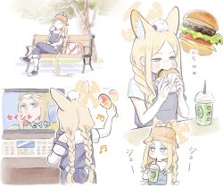 Rule 34 | 1girl, absurdly long hair, alternate costume, alternate hairstyle, animal, animal ear fluff, animal ears, animal on head, bag, bench, bird, bird on head, blonde hair, blue archive, blue footwear, blue overalls, blush stickers, bow, braid, bucket hat, burger, casual, closed eyes, contemporary, crossed legs, cup, disposable cup, dot mouth, drinking, drinking straw, eating, ekoru, food, forehead, fox ears, fox girl, hair bow, halo, hat, highres, jitome, karaoke, long hair, low twin braids, multiple views, musical note, on head, orange eyes, outdoors, overalls, pants, pants rolled up, park, park bench, parted bangs, saint seiya, seia (blue archive), shirt, shoes, shopping bag, short sleeves, sitting, sleeping, sneakers, standing, tree, twin braids, v-shaped eyebrows, very long hair, white bow, white shirt