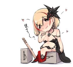 Rule 34 | 1girl, amazon (company), azur lane, bare shoulders, blonde hair, blush, box, breasts, brown eyes, cardboard box, chibi, commentary request, crossed legs, dress, head tilt, headgear, heart, heart-shaped pupils, jewelry, large breasts, long sleeves, looking at viewer, multicolored hair, open mouth, roon (azur lane), roon (dark red grin) (azur lane), smile, solo, symbol-shaped pupils, translated, u-non (annon&#039;an)
