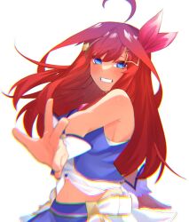 Rule 34 | 1girl, ahoge, bare shoulders, blue eyes, blue shirt, blush, bright pupils, commentary request, cosplay, floating hair, foreshortening, go-toubun no hanayome, grin, hair between eyes, hair ornament, highres, hololive, long hair, looking at viewer, mojyu saico, nakano itsuki, navel, outstretched arm, red hair, shirt, simple background, sleeveless, sleeveless shirt, smile, solo, star (symbol), star hair ornament, tokino sora, tokino sora (1st costume), tokino sora (cosplay), upper body, virtual youtuber, w, white background