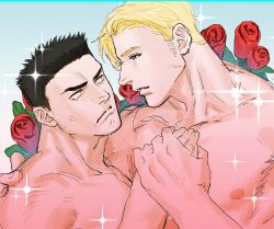Rule 34 | 2boys, anger vein, annoyed, ao isami, bara, bishie sparkle, black hair, blonde hair, couple, eye contact, facial hair, flower, from side, frown, highres, holding hands, lewis smith, looking at another, male focus, medium sideburns, multiple boys, nipples, nude, pectorals, rose, sannzenndo3000, sideburns stubble, stubble, tearing up, thick eyebrows, upper body, yaoi, yuuki bakuhatsu bang bravern