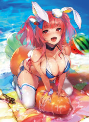 Rule 34 | 1girl, animal ears, beach, bikini, blue background, blurry, blush, boots, bow, breasts, cleavage, collar, day, depth of field, food, from above, fruit, hair bow, hat, heart, heart-shaped pupils, kneeling, large breasts, looking at viewer, medium hair, mini hat, multicolored hair, nail polish, orange hair, original, otogi frontier, outdoors, pink hair, pyon-kichi, rabbit ears, red eyes, red hair, scrunchie, solo, suggestive fluid, swimsuit, symbol-shaped pupils, thigh boots, thighhighs, two side up, watermelon, wet, white thighhighs, wrist scrunchie