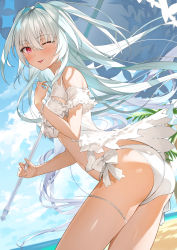 Rule 34 | 1girl, ahoge, ass, bare shoulders, beach, bikini, blue sky, breasts, cleavage, fate/grand order, fate (series), frilled bikini, frills, highres, lady avalon (fate), lady avalon (second ascension) (fate), long hair, looking at viewer, medium breasts, merlin (fate/prototype), one eye closed, parasol, purple eyes, shore, sky, smile, solo, swimsuit, takumi11, thighs, tongue, tongue out, umbrella, very long hair, white bikini, white hair
