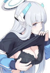 Rule 34 | 1girl, alternate costume, black bra, black shirt, blue archive, blue jacket, bra, breasts, bright pupils, cleavage, clothes lift, grabbing own breast, halo, headgear, jacket, large breasts, lifting own clothes, long hair, long sleeves, looking at viewer, navel, noa (blue archive), puffy long sleeves, puffy sleeves, purple eyes, shirt, shirt lift, shiseki hirame, solo, tongue, tongue out, track jacket, underwear, white hair, white halo, white pupils