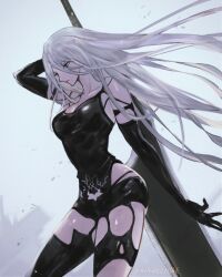 Rule 34 | 1girl, a2 (nier:automata), android, blue eyes, breasts, hair between eyes, helen (helen2210hk), highres, holding, holding sword, holding weapon, joints, large breasts, long hair, nier:automata, nier (series), robot joints, solo, sword, sword behind back, torn clothes, twitter username, weapon, white hair, zweihander