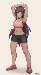 Rule 34 | 1girl, abs, absurdres, amputee, armpits, arms up, artist name, bandaged arm, bandages, bike shorts, black eyes, black hair, breasts, commentary, dark-skinned female, dark skin, english commentary, full body, highres, kalruna, katawa shoujo, long hair, looking at viewer, medium breasts, midriff, miura miki, navel, red footwear, shoes, simple background, smile, sneakers, solo, sports bra, standing, toned, very long hair