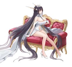 Rule 34 | 1girl, absurdres, azur lane, black hair, blush, breasts, closed mouth, couch, full body, hair ornament, high heels, highres, indomitable (azur lane), large breasts, long hair, looking at viewer, sauvignon, simple background, sitting, solo, thighs, very long hair, white background, white footwear