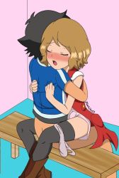 Rule 34 | 1boy, 1girl, artist request, ash ketchum, ass, bad id, bad pixiv id, black hair, black thighhighs, blue jacket, blush, boots, brown footwear, closed eyes, clothed sex, colorized, creatures (company), dress, game freak, highres, implied sex, jacket, light brown hair, nintendo, panties, panties around leg, pink dress, pink panties, pokemon, pokemon (anime), pokemon xy (anime), red jacket, serena (pokemon), short hair, sleeveless, sleeveless dress, tagme, thighhighs, underwear