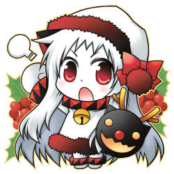 Rule 34 | 10s, 1girl, abyssal ship, antlers, arm up, bell, bow, chibi, dress, hat, holly, horns, jingle bell, kantai collection, long hair, looking at viewer, lowres, northern ocean princess, open mouth, pale skin, red eyes, solo, souma mizuki, very long hair, white dress, white hair