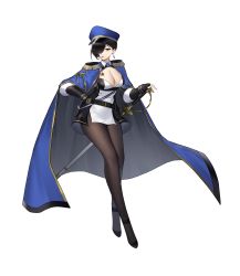 Rule 34 | 1girl, absurdres, belt, black hair, blue cape, breasts, brown eyes, cape, cigarette, cleavage, commentary request, dress, epaulettes, fingerless gloves, full body, gloves, hair ornament, hair over one eye, hand on own hip, hat, highres, large breasts, long sleeves, medal, mouth hold, original, pantyhose, peaked cap, shidiancijianongpao, shiny clothes, short dress, short hair, simple background, smile, smoking, solo, sword, thighs, uniform, weapon, white background